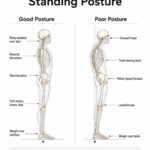 Standing posture comparison for a movement reset before strength training: body stacked over the midfoot versus forward head and locked knees.
