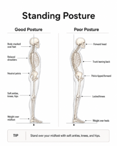 Standing posture comparison for a movement reset before strength training: body stacked over the midfoot versus forward head and locked knees.