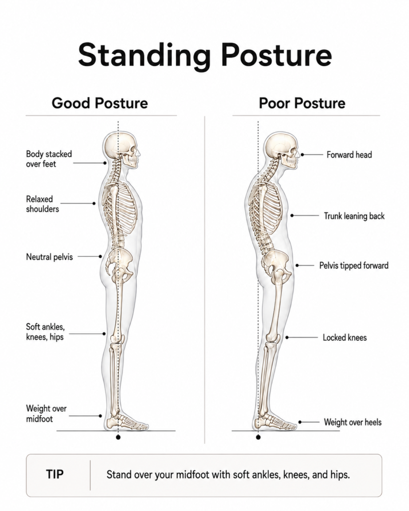 Standing posture comparison for a movement reset before strength training: body stacked over the midfoot versus forward head and locked knees.